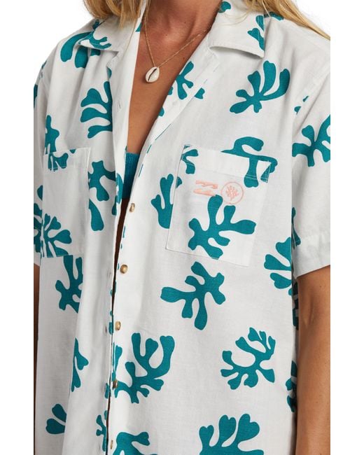 Billabong Blue Campy Coral Cotton & Linen Cover-up Shirt