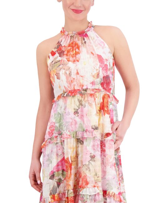 Vince Camuto Pink Floral Metallic Stripe High-low Tiered Midi Dress