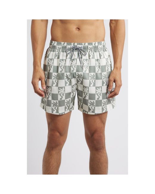 Boardies Multicolor Clara Palm Tree Checkerboard Print Mid Length Swim Trunks for men