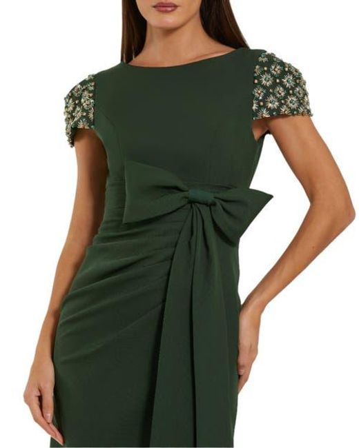 Mac Duggal Beaded Cap Sleeve Crepe Gown With Bow And Slit in Green | Lyst
