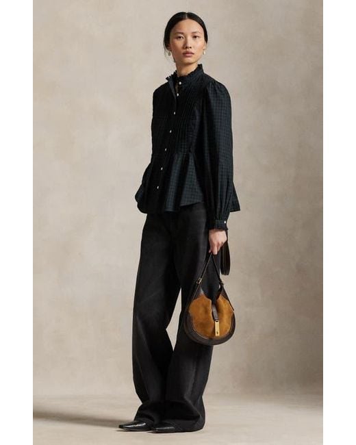Polo Ralph Lauren Black Plaid Long Sleeve Peplum Button-Up Shirt