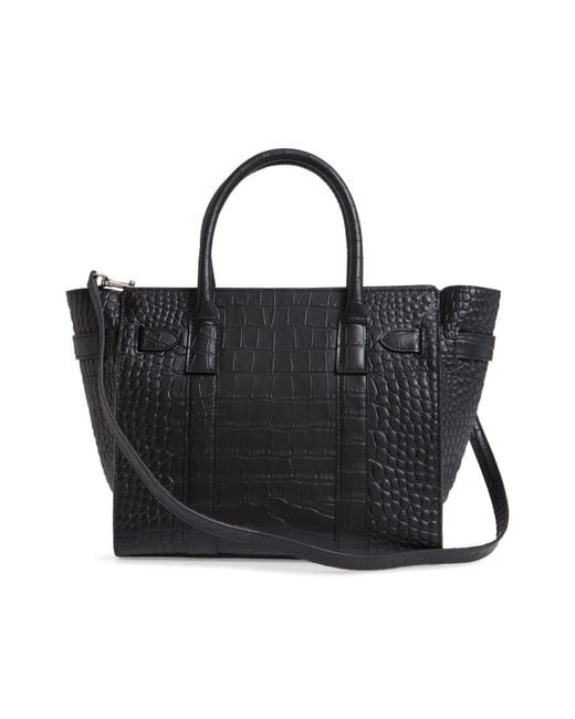Mulberry Black Small Bayswater Croc Embossed Calfskin Leather Satchel