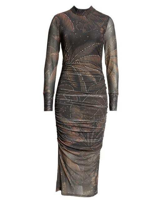 Farm Rio Black Golden Foliage Tulle Midi Dress