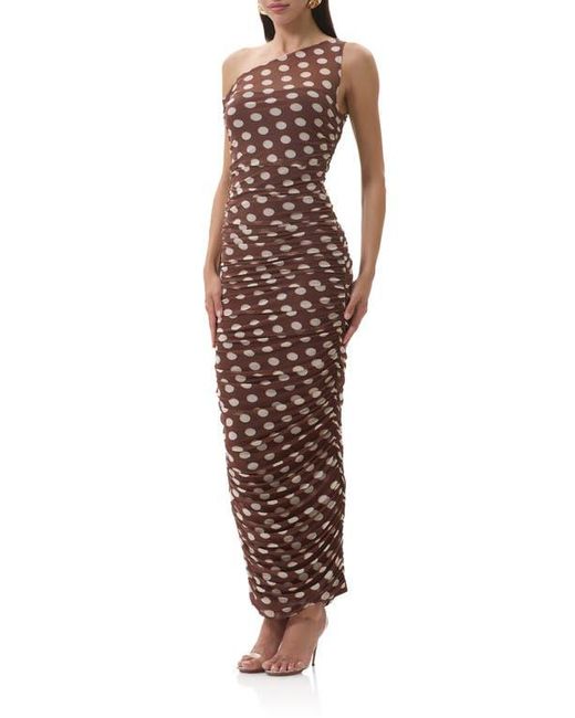 AFRM Brown Biona Printed One-Shoulder Ruched Mesh Maxi Dress