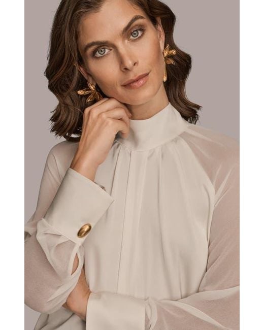 Donna Karan Natural Pleated Sheer Sleeve Top