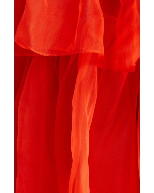 Zimmermann Red Tranquillity Ruffle Long Sleeve Silk Chiffon Halter Dress