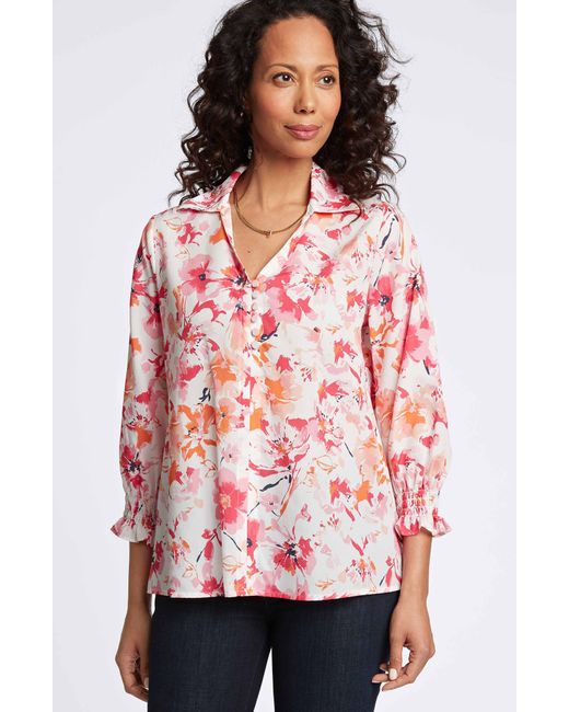 Foxcroft Red Alexis Watercolor Print Smocked Sleeve Cotton Popover Top