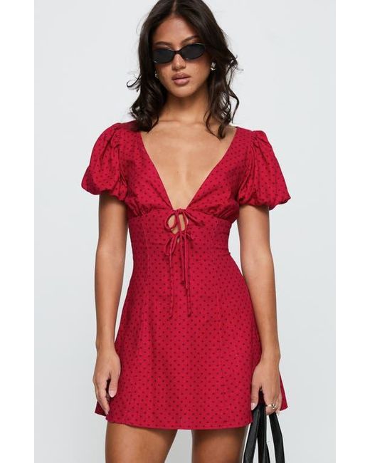 Princess Polly Red Beloved Polka Dot Puff Sleeve Linen Blend Minidress