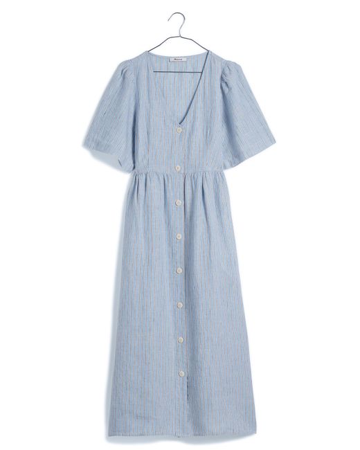 Madewell Blue Cassie Stripe Button Front Linen Midi Dress