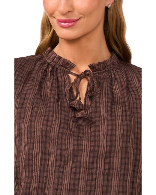 Cece Brown Mixed Print Split Neck Top