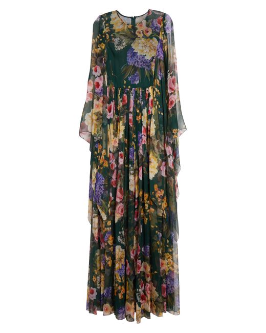 Dolce & Gabbana Multicolor Garden Floral Print Long Sleeve Silk Chiffon Maxi Dress