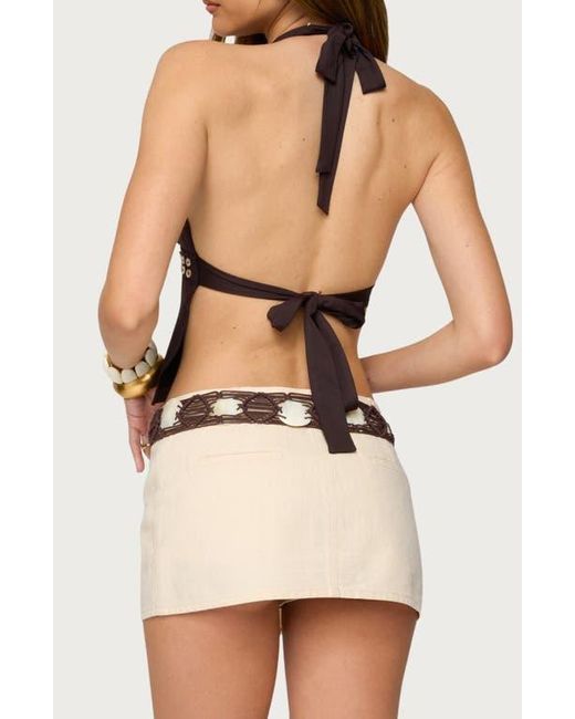 Edikted Brown Button Trim Open Back Halter Top