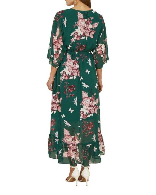 Yumi' Women's Green Floral Kimono Dipped Hem Dress