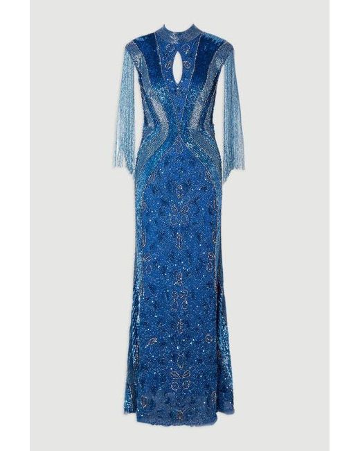 Karen Millen Women's Blue Petite Beaded Cap Sleeve Maxi Dress