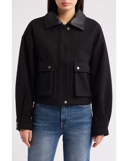 Lucky Brand Black Faux Leather Collar Crop Bomber Jacket