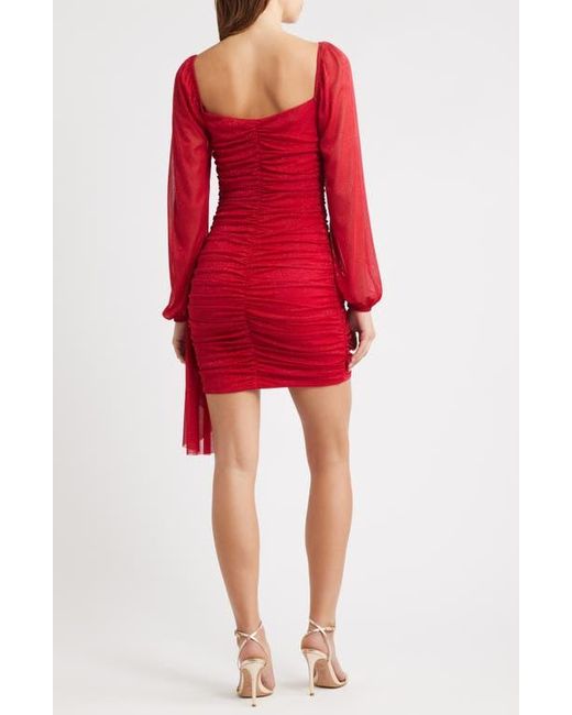 Jump Apparel Red Metallic Drape Front Long Sleeve Minidress