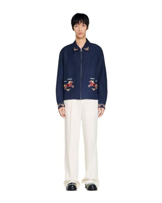 Sandro Blue Embroidered Wing Collar Jacket for men