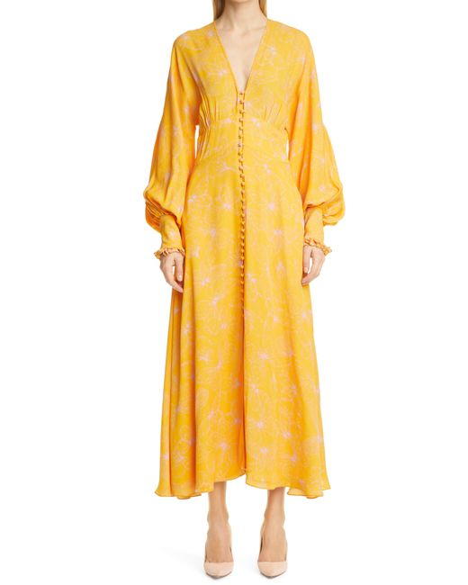 Lela Rose Yellow Butterfly Print Long Sleeve Georgette Maxi Dress