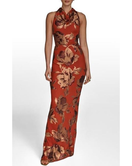 Donna Karan Orange Sequin Floral Body-Con Gown