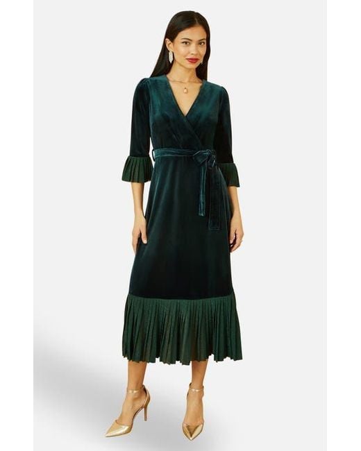 green emerald velvet dress Yumi Green Mesh Flower Wrap Midi Dress With Pockets