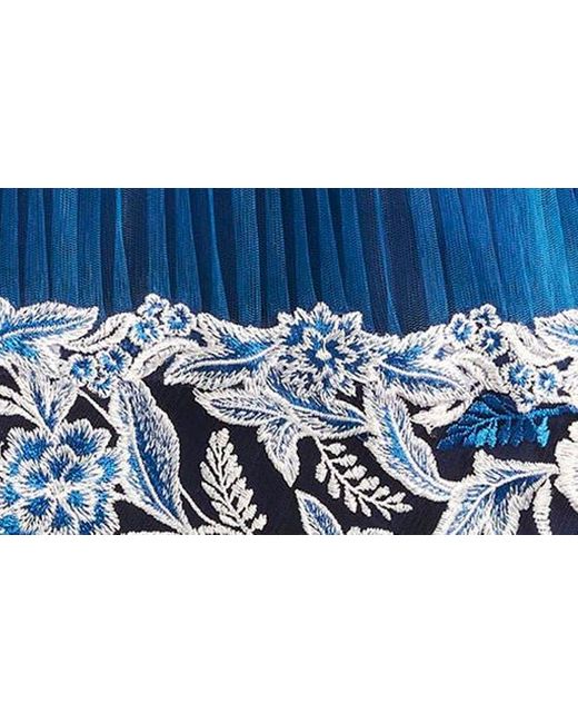 Tadashi Shoji Blue Floral Embroidery Pleated Off The Shoulder Midi Dress