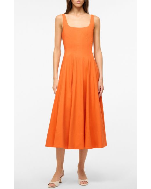 Staud Orange Wells Stretch Cotton Fit & Flare Midi Dress