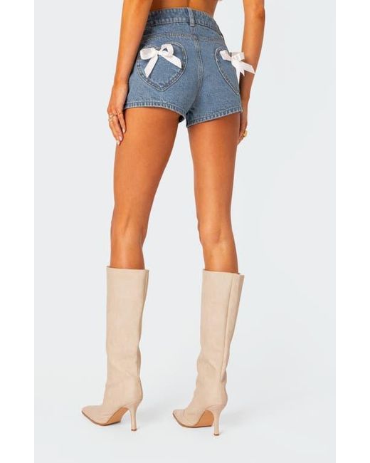 Edikted Bow Pocket High Waist Denim Shorts in Blue Lyst