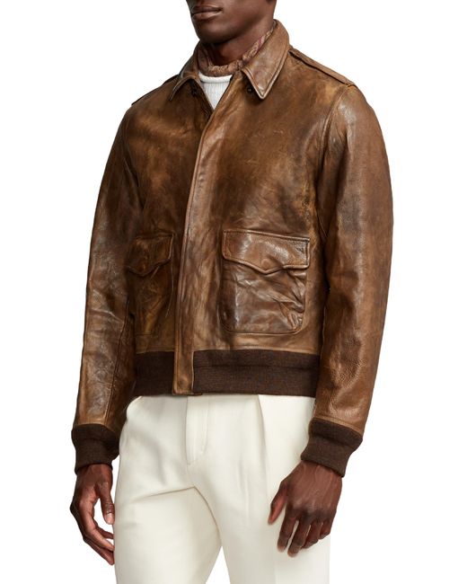 Ralph Lauren Purple Label Brown Ridley Leather Bomber Jacket for men