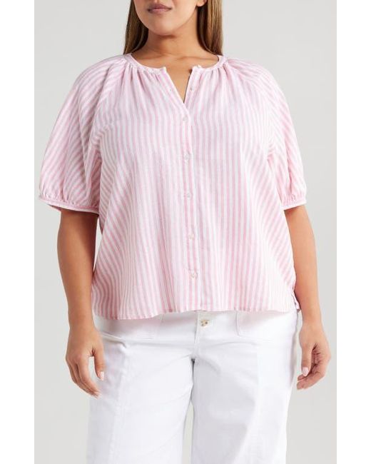Caslon White Stripe Linen Blend Puff Sleeve Top
