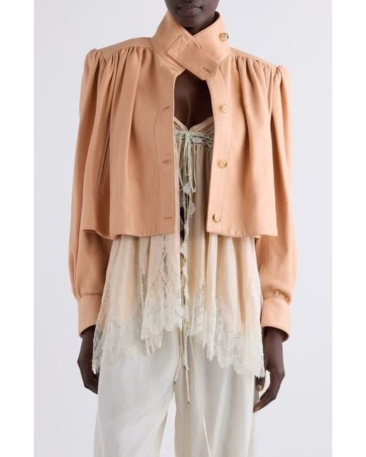 Chloé Puff Shoulder Leather Crop Jacket in Brown | Lyst