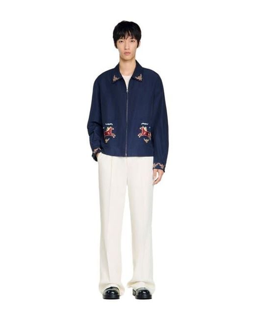 Sandro Blue Embroidered Wing Collar Jacket for men