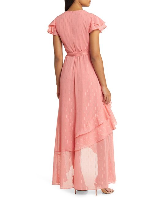 Eliza J Pink Metallic Ruffle Fil Coupé High-low Maxi Dress