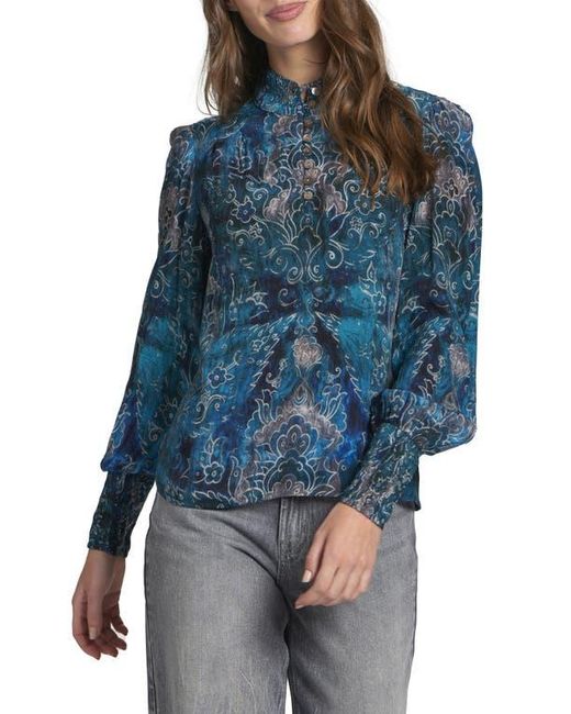 Apny Blue Puff Shoulder Button Front Top
