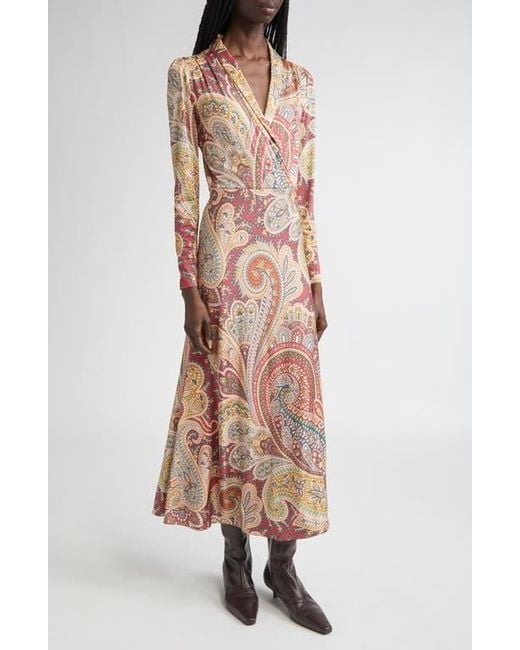 Etro Multicolor Paisley Print Long Sleeve Faux Wrap Jersey Dress