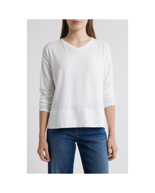 Eileen Fisher Women's White V-Neck Long Sleeve Box T-Shirt