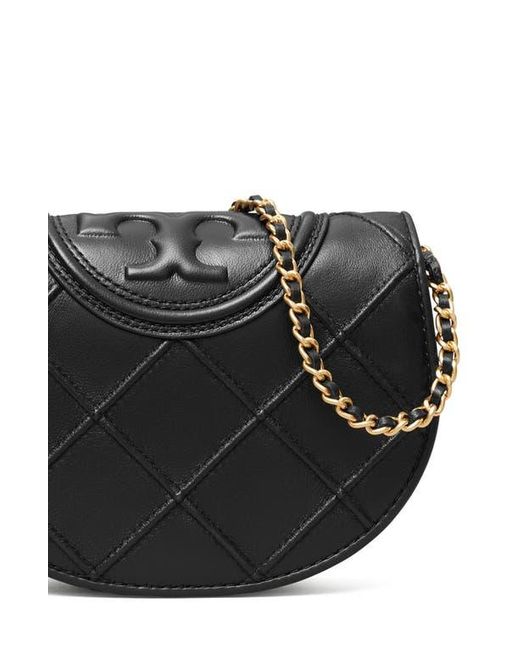 Tory Burch Black Mini Fleming Soft Quilted Leather Wallet On A Chain