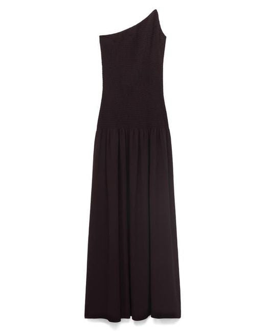 Mango Black Asymmetric Smocked One-Shoulder Midi Dress