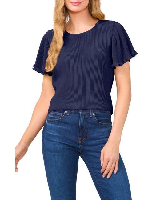 Cece Blue Flutter Sleeve Plissé Top