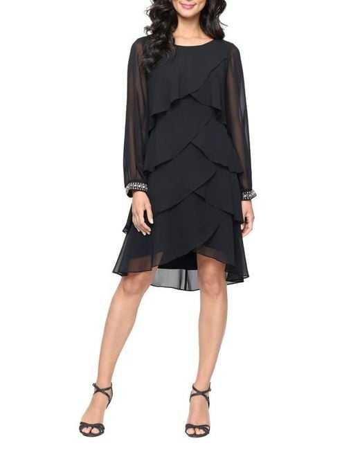 Sl Fashions Women's Black Long Sleeve Tiered Dress
