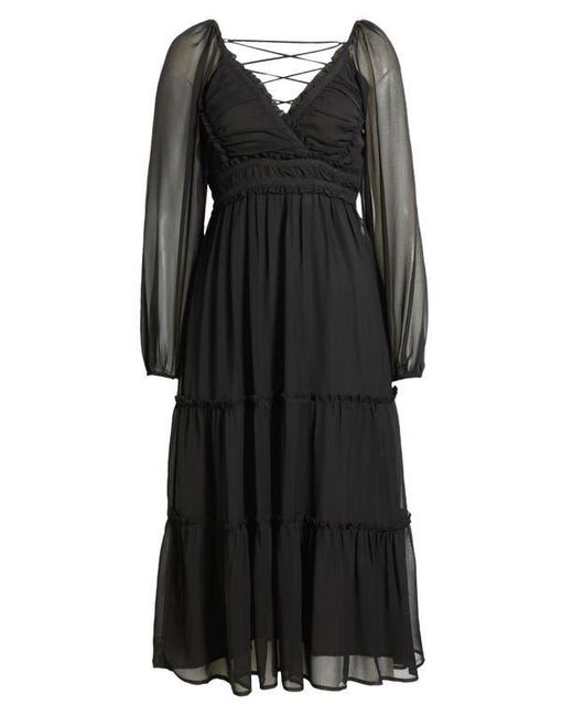 Bebe Black Lace-Up Back Long Sleeve Chiffon Midi Dress