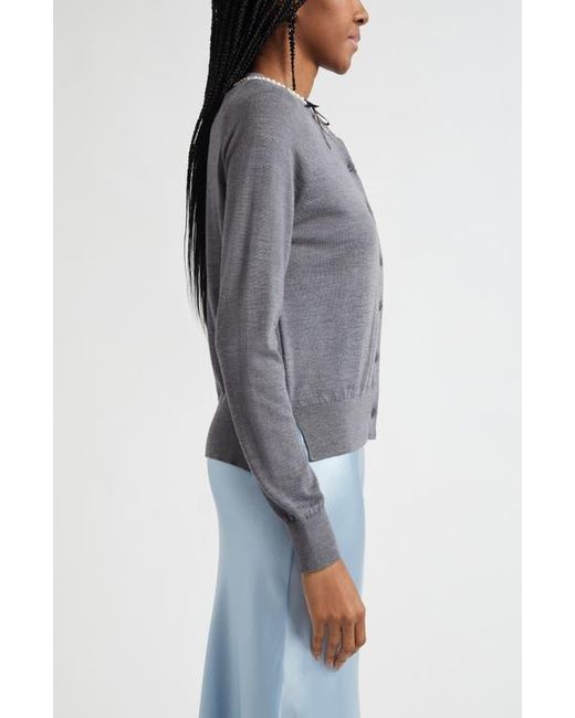 Simone Rocha Gray Classic Long Sleeve Merino Wool & Silk Cardigan With Faux Pearl Detail
