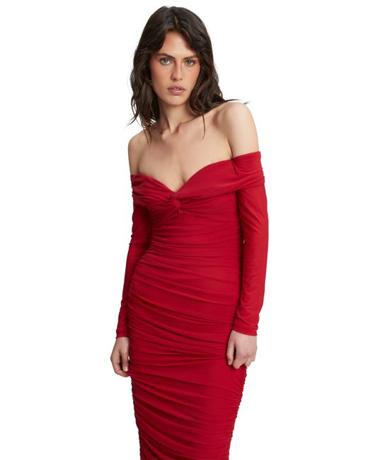 Bardot Red Helena Ruched Off The Shoulder Long Sleeve Mesh Dress