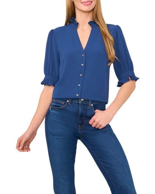 Cece Blue V-Neck Button-Up Shirt