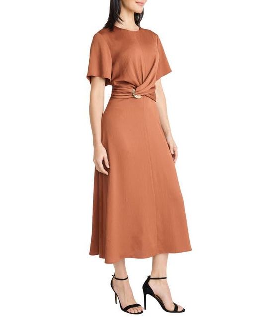 Maggy London Brown Buckle Detail Hammered Satin Midi Dress