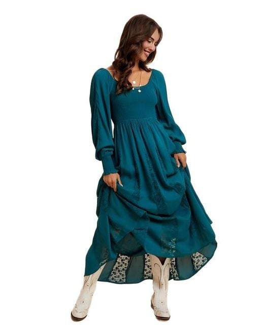 Knit & Lounge Blue Long Sleeve Maxi Dress With Smocked Bodice And Lace Insets