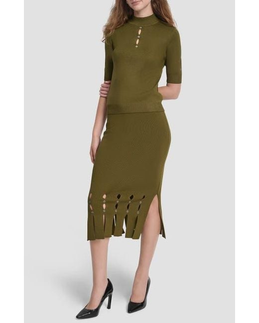 DKNY Green Cutout Grommet Mock Neck Sweater