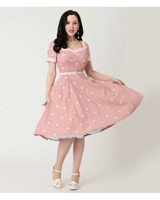 Unique Vintage Women's Pink 1950S Sweetheart Neckline Swing Dress -  thefunkyskunk.ie