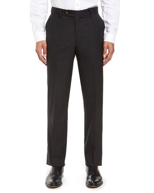 Berle Black Flat Front Stretch Solid Wool Trousers for men