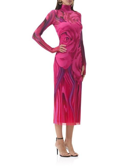 AFRM Red Shailene Print Long Sleeve Powermesh Body-Con Midi Dress