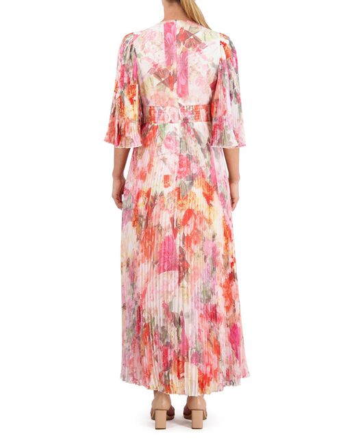 Vince Camuto Pink Floral Print Pleated Chiffon Maxi Dress